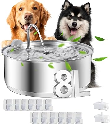 8L2.1G Dog Water Fountain for Large Dog, Dreamocean Dog Water Bowl Dispenser Stainless Steel Pet Water Fountain, Water Dispenser for Dogs with 2 Ultra Quiet Pump for Multiple Pets with 12 Filters