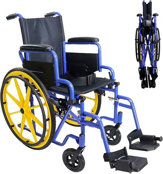 PEPE Mobility Kids Wheelchair Self Propelled, 14" Seat, Foldable, Yellow | Pediatric Chair for Children and Teenagers, Large Rear Wheels with Brakes, Flip Up Armrests, Removable Footrests, Steel