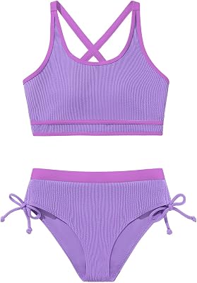 ESHOO Girls Swimsuit 2 Piece Bathing Suit Stripes Cross Swimwear with Chest Pad Teen Girls Bikini Set for 9-16 Years