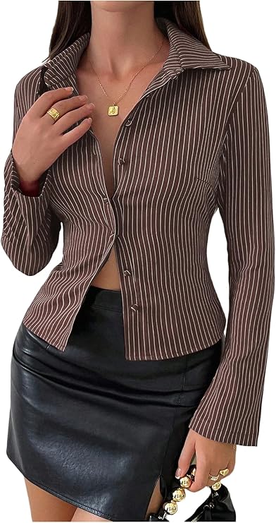 SweatyRocks Women's Striped Long Sleeve Button Down Shirts Work Blouse