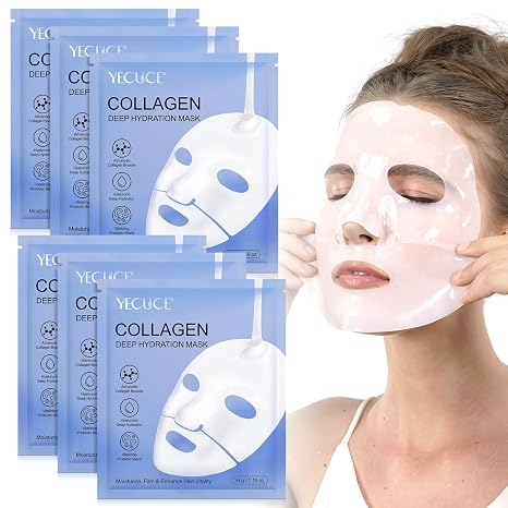 Organic Collagen Face Mask 6 Pieces Organic Collagen Face Mask Overnight Collagen Real Deep Mask Overnight Face Masks Beauty Anti-Ageing and Rejuvenating Leaves