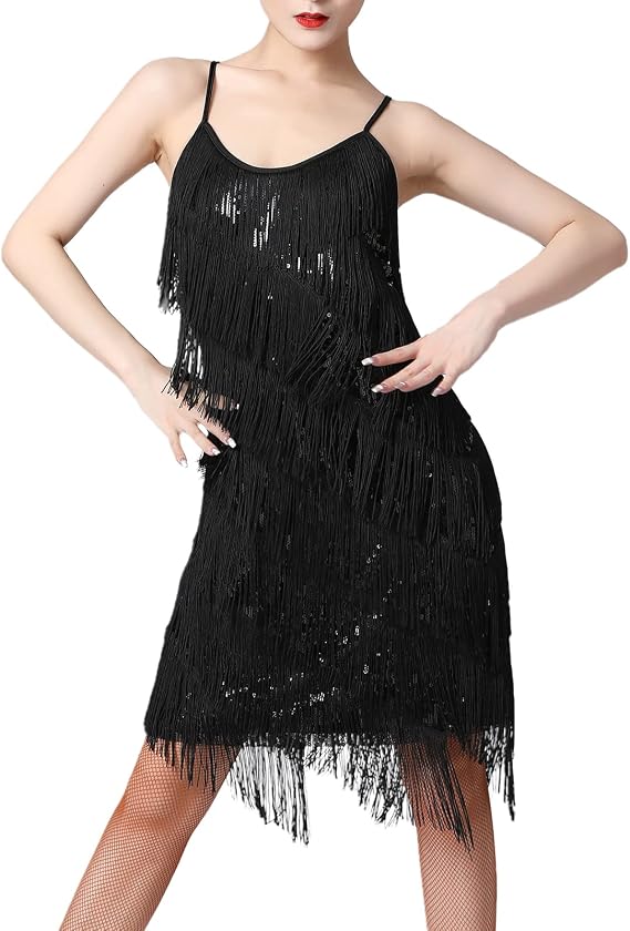 Women Salsa Latin Dance Dress Sequin Tassel Fringe Flapper Dress 1920s Gatsby Cocktail Dress Tango Ballroom Dancing Costume