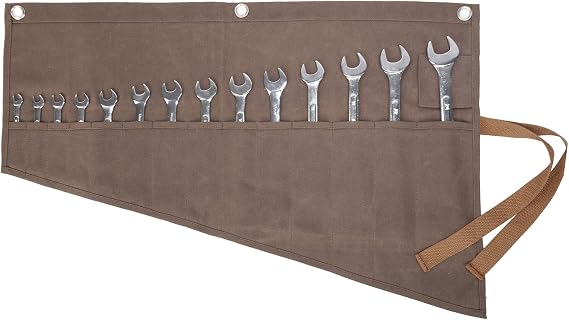 Wrench Roll Up Pouch, Tool Roll Heavy Duty Waxed Canvas Tool Organizer Bag with 14 Pockets (Gray)