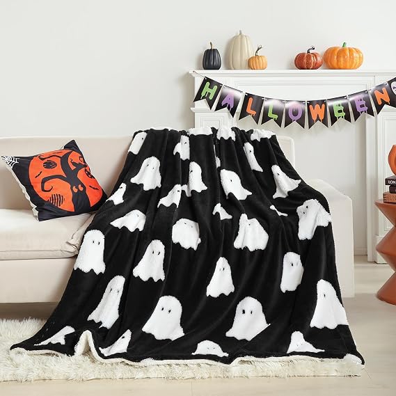Smoofy Halloween Throw Blanket, Black Ghost Halloween Blanket 50"x60"