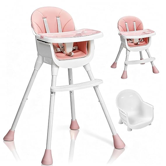 Ktaxon 3-in-1 High Chair for Babies and Toddler with 5-Point Harness, Pink | Portable, Adjustable Height Highchair, Included Removable Dual-Layer Tray, Easy to Clean Seat Cushion and Footrest, for Home