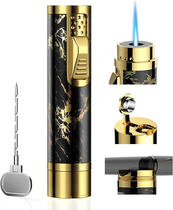 4 in 1 Torch Lighter with Adjustable Jet Flame, Built-in Punch, Holder, Draw Enhancer, Multi-Function Accessory Gifts for Men, Butane Refillable Windproof Lighter, Cool Lighters for Travel, Outdoors