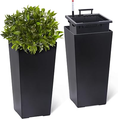 GarveeLife 22.5 in Tall Planters Set of 2, Outdoor&Indoor Black Planter Pots, High Front Porch Planter Pots with Drainage Holes&Water Level Monitor&Inner Bucket, Automatic Watering, Black