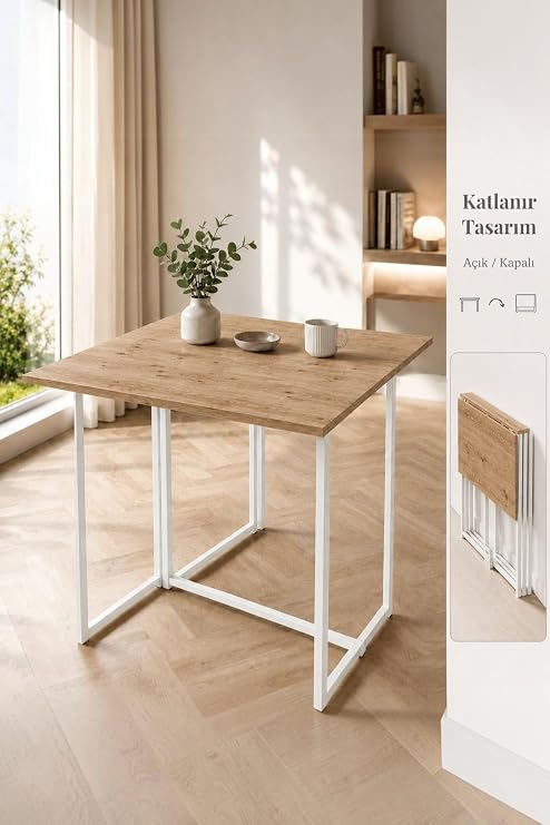 Workcomo Katlanır Çalışma Masası Yemek Masası Mutfak Masası Balkon Masası Portatif Çok Amaçlı Masa, Beyaz - Çam
