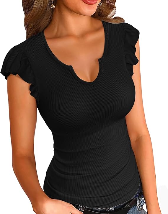 VICHYIE Summer Womens Shirt Short Ruffle Sleeve V Neck/Round Neck Ribbed Casual Tshirt Fitted Tops Blouses