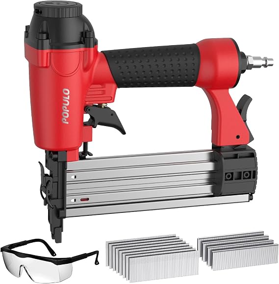 POPULO Pneumatic Brad Nailer & Staple Gun, 18 Gauge Air Powered Nail Gun, Requires External Air Compressor, Includes 1600 Nails & Staples for Upholstery, Trim, Furniture & Woodworking