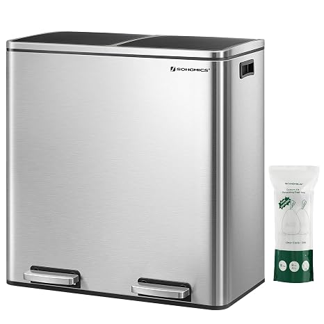 Songmics Rubbish Bin 2 Compartments Waste Separation System Pedal Bin