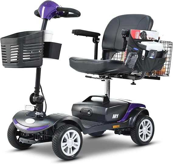 Mobility Scooters for Adults Seniors 400lbs Foldable Lightweight, Heavy Duty All Terrain 4 Wheel Motorized Mobile Scooter Compact for Travel ,Removed Battery,Rotating Swivel Seat,15 Miles (Purple)
