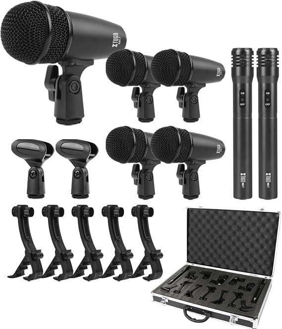 XTUGA 7-Piece Drum Microphone Kit,Wired Dynamic Drum Mic Kit - Metal Kick Bass Drum,Tom/Snare & Cymbals Microphone with Thread Clip-On for Stage Performances and Studio Recording(MI7)