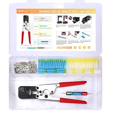 JRready ST6488-12-100 M81824/1 Series Waterproof Heat-Shrinkable Splice Kit 100Sets Butt Crimp Splices16-12AWG with PVDF Tubes Butt Splice Connectors with ACT-232 Crimp Tool G411 Go-No Go Gauge