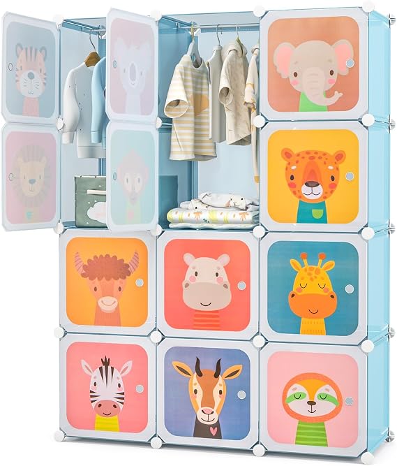Costzon Kids Closet, Cartoon DIY Modular Dresser Storage Organizer with 12 Cubes & 2 Clothes Hanging Rack, Portable Armoire for Baby Toddlers, Kids Wardrobe for Bedroom Nursery (Blue)