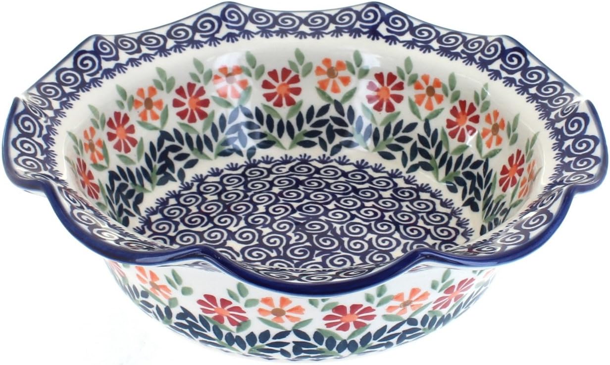 Blue Rose Polish Pottery - Orange Garden Bouquet Medium Scallop Bowl - 9.25 Diameter - Beautiful Serving Bowl for Special Occasions, Dinner Parties, Or Everyday Dining