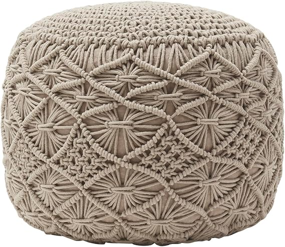 Ornavo Home Pouf Ottoman Foot Rest, 100% Cotton Macrame, Boho, Beige | Hand Knitted Braid; Round Stuffed Design; Ideal for Living Room or Bedroom