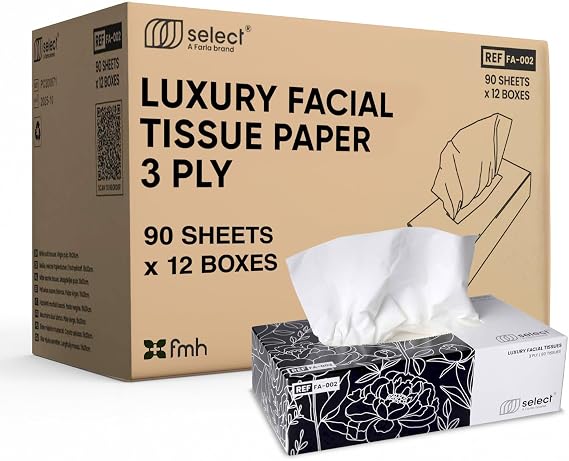 Select Luxury Ultra Soft Facial Tissues 12 Boxes - 3 Ply, 1,080 Sheets Soft White Tissue Paper - Versatile Tissue Boxes for Home, Office, Schools & Healthcare