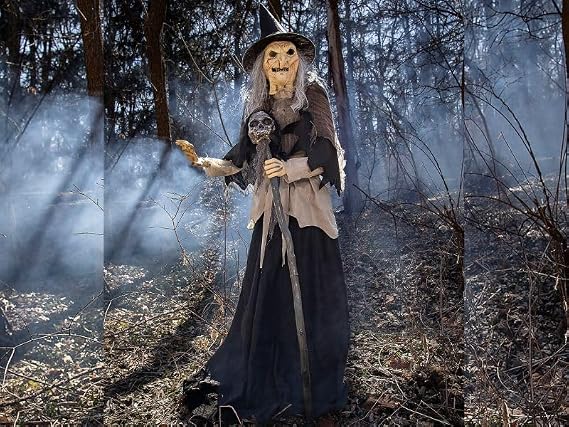 6-Foot Lunging Witch with Digital Eyes, Animated Halloween Prop, Moving Mouth, Sound Effects, Multiple Activation Options