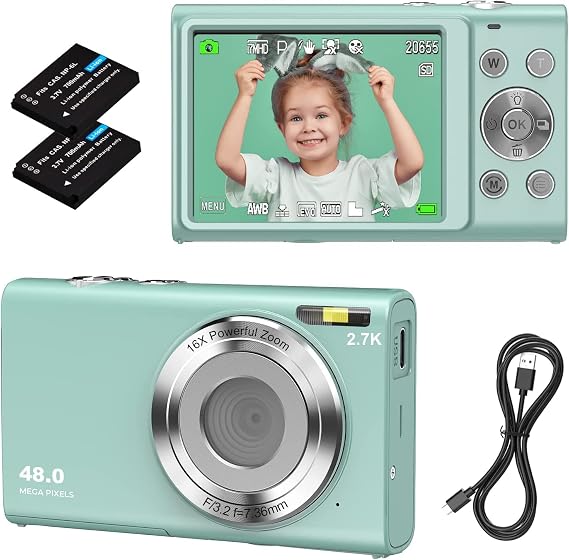 STUOGYUM Digital Camera 2.7K Auto Focus Digital Camera Green | 4800万画素 FHD1520P録画 700mAhバッテリー2個搭載 16倍ズーム ウェブカメラ 手ぶれ補正 顔検出 スマイルキャプチャー 連続撮影 自撮り 2.88インチIPSスクリーン 軽量 小型