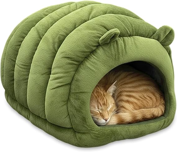Cat Cave Bed, Orthopedic Memory Foam Anti Anxiety Cat Bed for Indoor Cats, Cozy Plush Caterpillar Tunnel Cat Bed, Non Slip Pet Bed Fits Cats Up to 15 lbs, Green