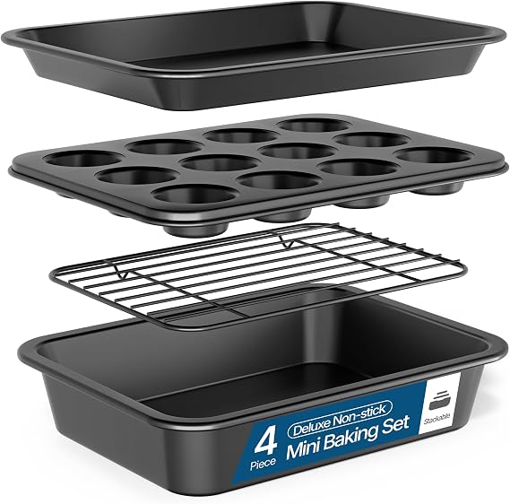 Bakken 4-Piece Bakeware Sets, Nonstick Carbon Steel Baking Sheet, Stackable Space-Saving Bakeware, Dishwasher Safe, Stain-resistant, PFOA, PFOS, PTFE Free, Oven Safe Up To 450F, Black