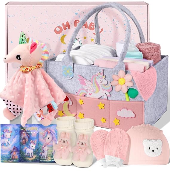 Baby Shower Gift Basket - Baby Gift Set with Diaper Caddy, Gifts for New Mom, Gender Reveal Gifts, New Born Essential Include Security Blanket Hat Bib Socks Mittens, Girl