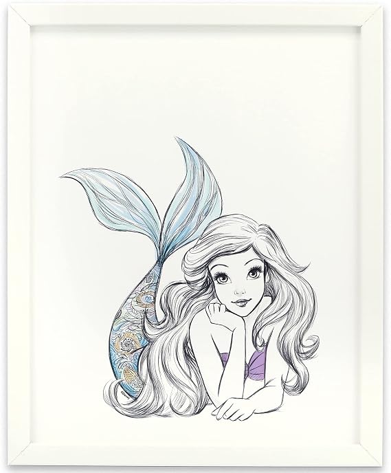 Disney The Little Mermaid Framed Wall Decor - Illustrated Ariel Wall Art for Bedroom, Play Room or Movie Room