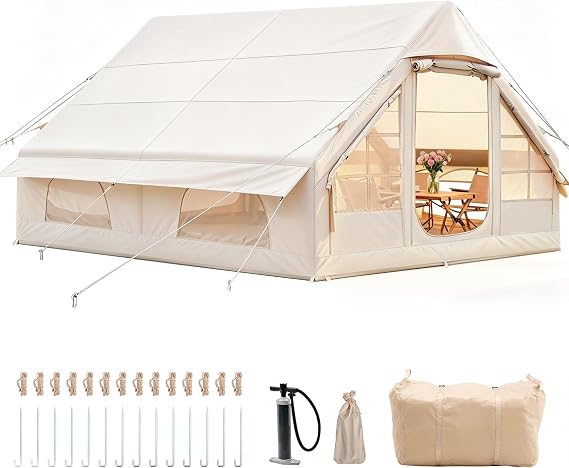 Inflatable camping tent with chimney opening and roof window, inflatable tent for 2-10 people with air pump. Waterproof Oxford cloth four-season inflatable tent, fast installation air tent