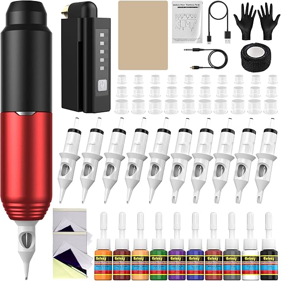 Tattoo Kit Wireless Professional Tattoo Gun Beginner Rotary Tattoo Machine with 1500mAh Power Supply and LCD Display, Red