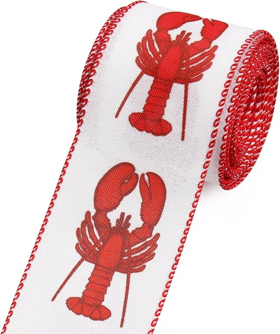 Estivaux Crayfish Craft Ribbons, 2.5"10 Yards, Wired Edge, Red Burlap, Lobster Pattern, Linen Fabric, Perfect for Birthdays, DIY Crafts, Sewing Supplies