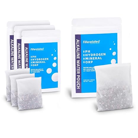 Portable Alkaline Water Filter Pouch, Alkaline Hydrogen Rich Water Filter System for Your Bottle, Pitcher, Jug, Container - High pH 9+Water - 3 Pack of 30g+1 Pack of 100g