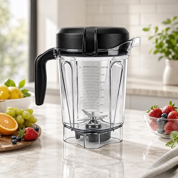 Low-profile 64oz replacement pitcher with broad Vitamix compatibility, clear measurements, secure lid, comfortable handle and pre-installed blade assembly.