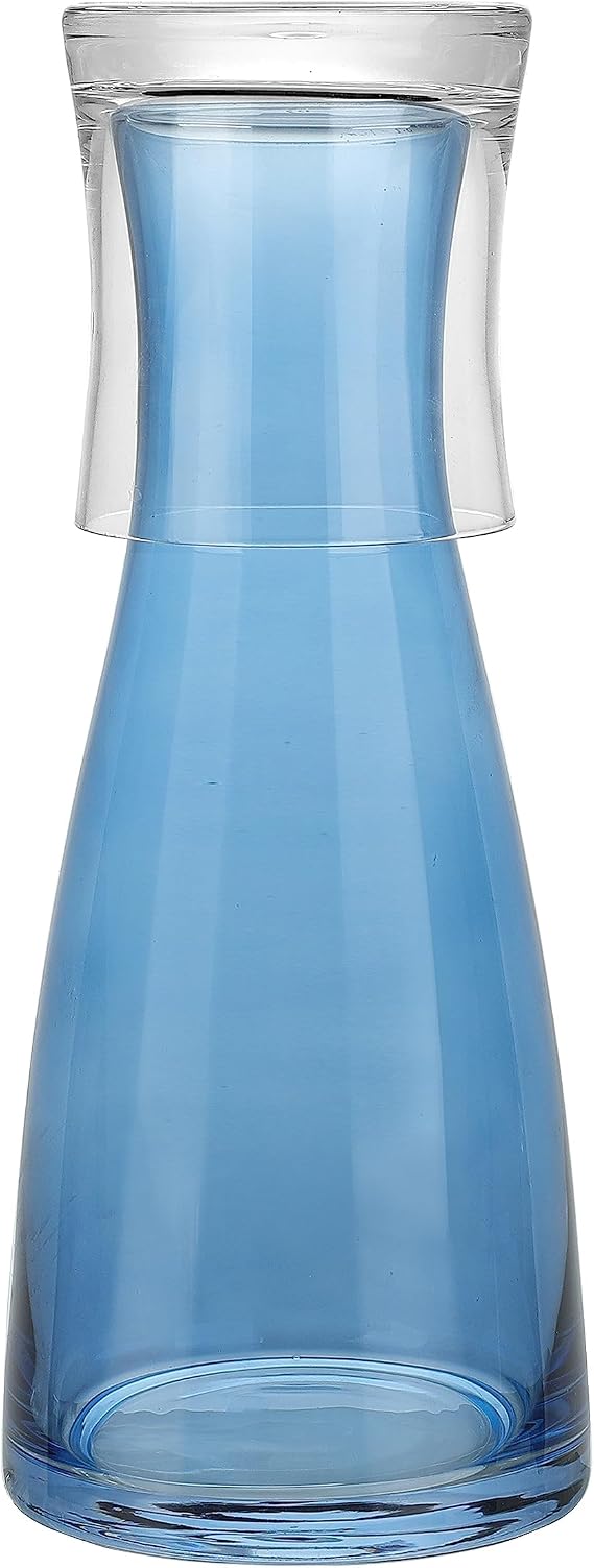 American Atelier 33 oz Bedside Water Carafe with Tumbler 9" Glass Pitcher with Cup Lid for Nightstand, Guest Room & Office, Smooth Glass Design, Functional & Stylish Drinkware (Blue)