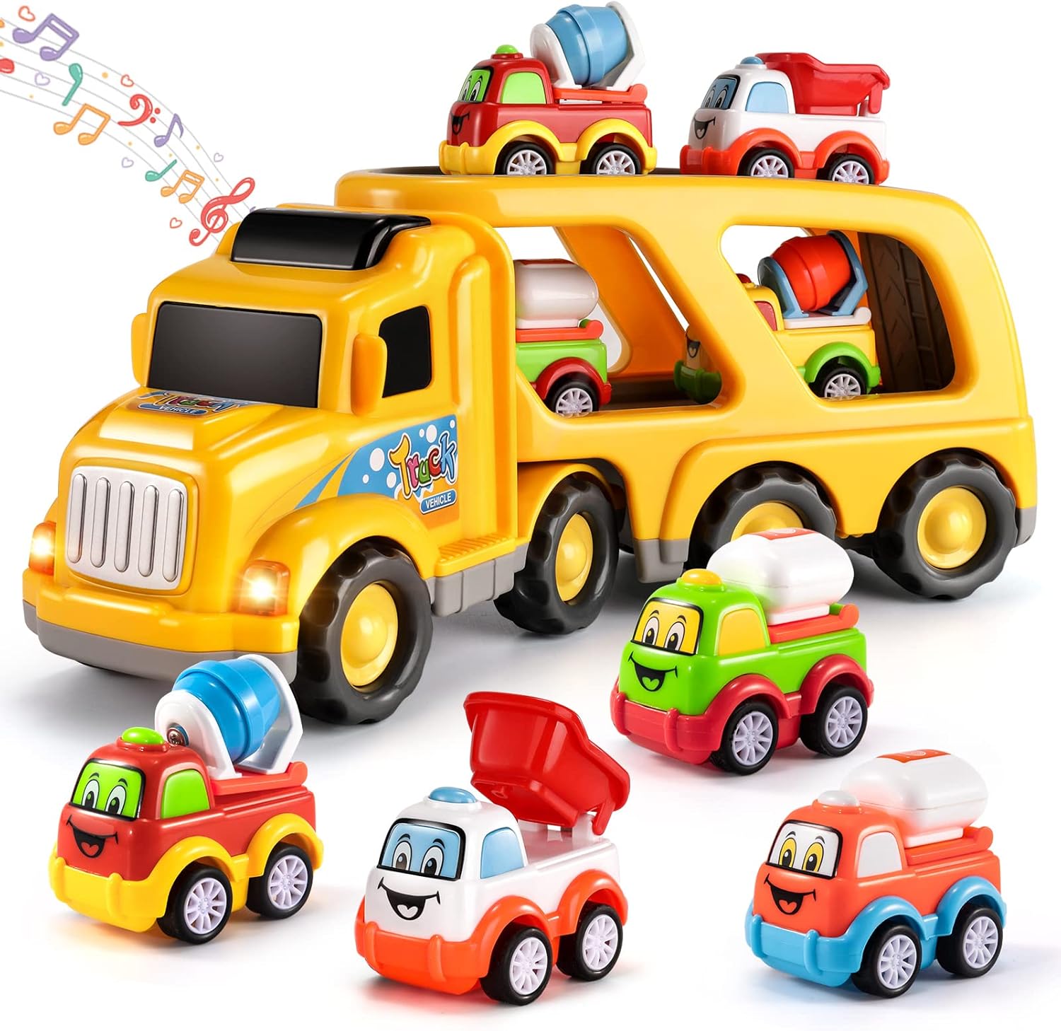 TEMI Construction Truck Toys for 1 2 3 4 5 6 Year Old Boys, 5-in-1 Friction Power Toy Vehicle in Carrier Truck, Toddler Toys Car for Boys for Kids Aged 3