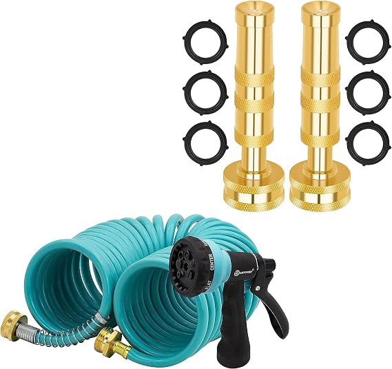 AUTOMAN EVA Recoil Garden Hose 25ft - Includes 7 Pattern Spray Nozzle & Brass Hose Nozzle High Pressure Jet Nozzles 2 Pack, Heavy Duty Sprayer for Garden Hoses, Adjustable Spray Gun, Solid Twist Wat