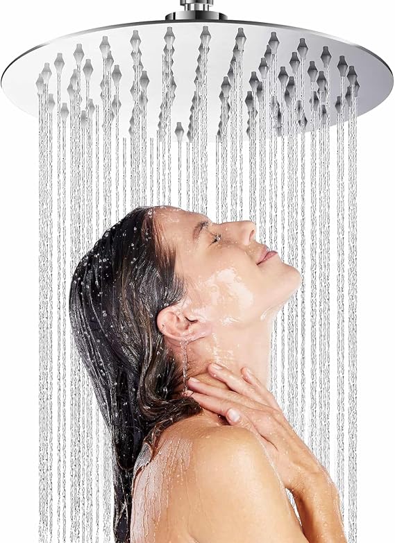 Rain Shower Head 304 Stainless Steel Replacement Rainfall Shower Heads 10'' High Pressure Rainfall Showerhead with Angle Adjustment Silicone Jets for The Ultimate Shower Experience Silvery (Round)