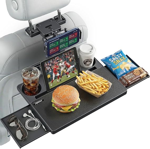 Car Back Seat Tray Table, Stable Foldable Auto Backseat Food Trays Desk for Rear Passenger Road Trip Eating & Work, Multifunctional Adjustable Travel Tray with Phone Drink Holder for Laptop iPad