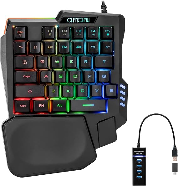 One Handed Gaming Keyboard Rainbow LED Light Up, 35 Keys Protable | Mini Single Hand Keyboard with Wrist Rest, Wired One Hand Keyboard for Xbox PS4 PS5 PC Laptop with USB Hub
