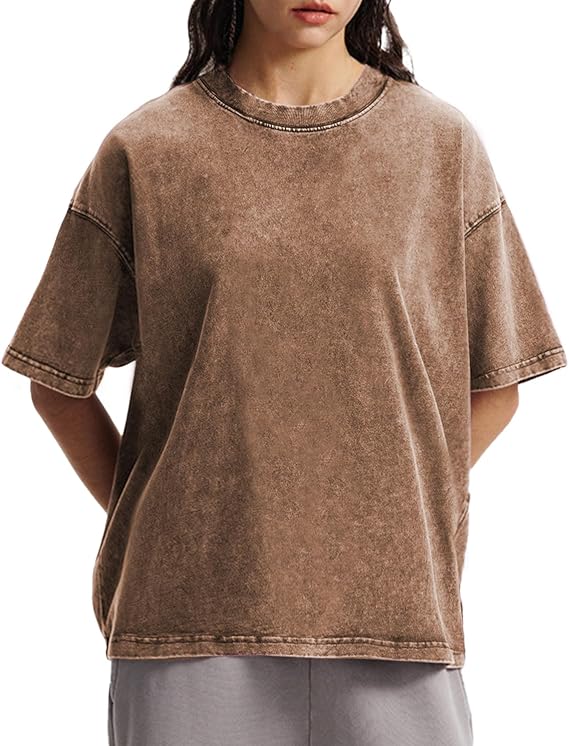 Womens Oversized Boxy T Shirts Casual Cropped Acid Wash Cotton Tees Vintage Tops Short Sleeve Grunge Shirts