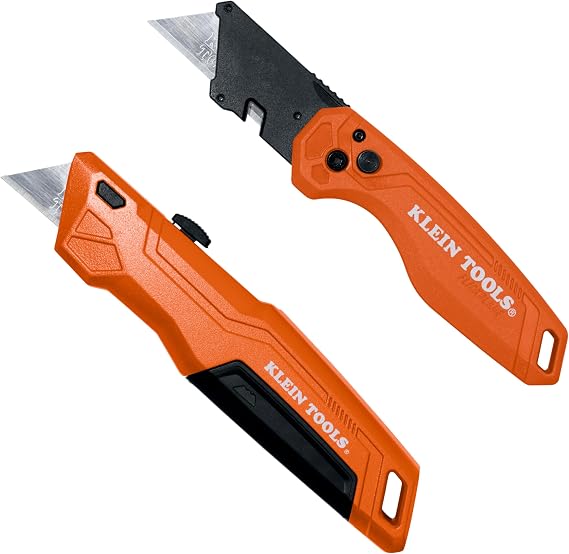 Klein Tools 44312 2-Piece Folding Utility Knife and Slide-Out Knife Set, FLICKBLADE, Retractable with On-Tool Blade Storage, Includes 5 Blades