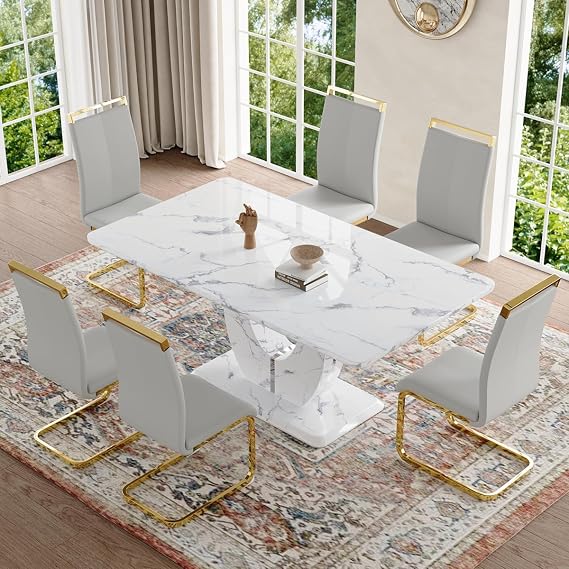 JUFU Modern Faux Marble Dining Table Set for 6, 63" White Rectangular Kitchen Table with Luxury Gold U-Shaped Pedestal & 6 White Cantilever Chairs, High-End 7-Piece Dining Room Furniture Set