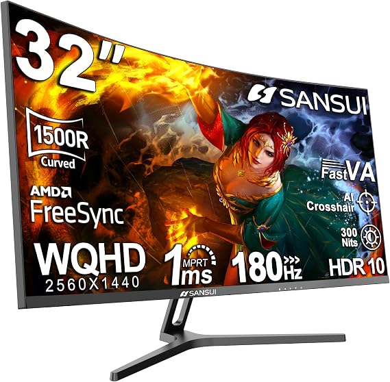 SANSUI 32-Inch Curved Gaming Monitor WQHD 2560 x 1440 180Hz Curved 1500R