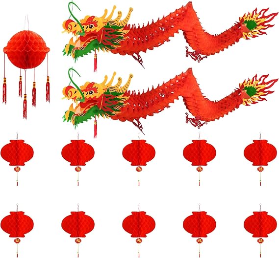Chinese New Year Decorations, 13 PCS 3D Chinese Paper Dragon with Ball and Red Lanterns for Chinese Spring Festival, Lantern Festival, Lunar New Year Decorations