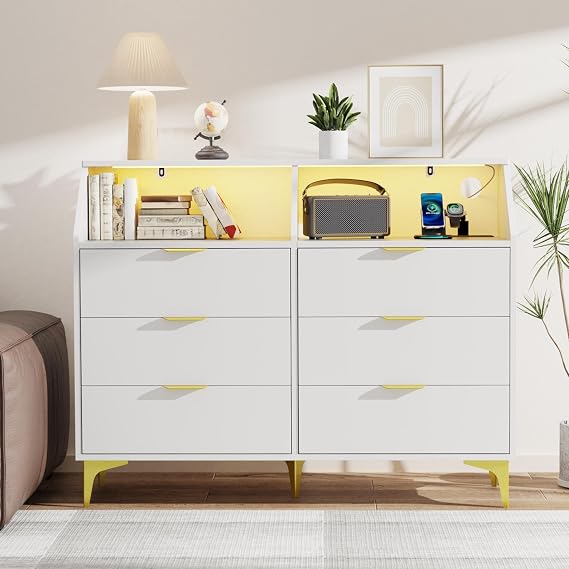 LOUVIXA 6 Drawer Dresser with LED Light, Chest of Drawers with Charging Station, Large Double Dressers, Wooden Dressers for Bedroom, Living Room, Entryway, Hallway (White)