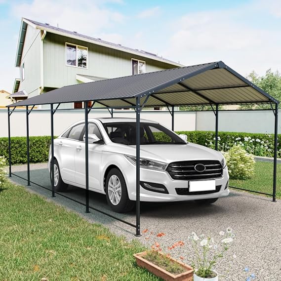 Heavy Duty 12x21 FT Galvanized Steel Metal Carport with Roof and Frame, Large Garage for Cars, Trucks, Boats & Tractors
