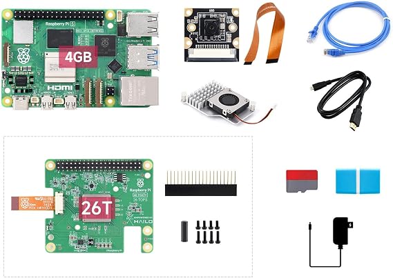 Waveshare PI5-4GB AI Kit, Compatible with Raspberry Pi 5, Bundle with Raspberry Pi 5 4GB, Raspberry Pi AI HAT+ 26T, PI5-IMX219-77 Camera, Cooler, 64GB TF Card, Cable and so on (9 Items)