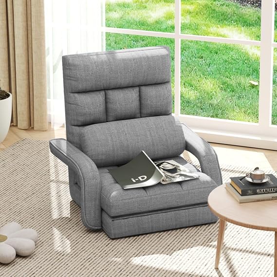 WAYTRIM 6 Position Indoor Chaise Lounge Chair, Gaming Floor Chair for Teens Adults, Indoor Lounge Chair Lazy Sofa for Pets with Armrests & Pillow Comfy Chair for Bedroom, Dorm, Living Room - Grey