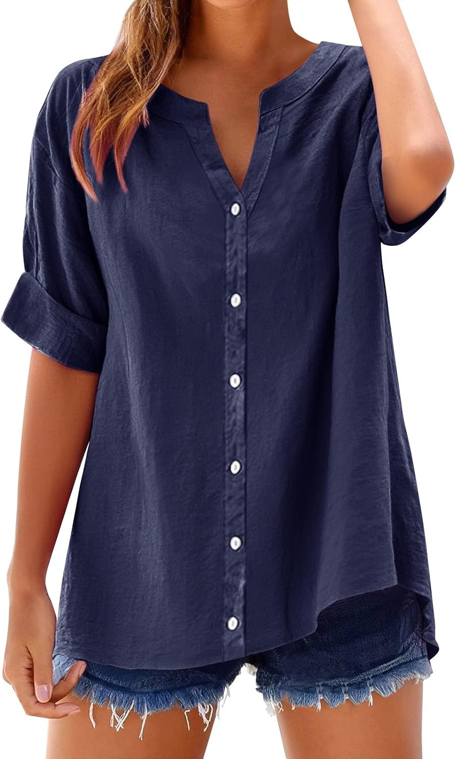 Yinguo Loose Shirt Top Stand Solid Color Sleeve Collar Casual Women's Shirt Women's Womens T V Neck