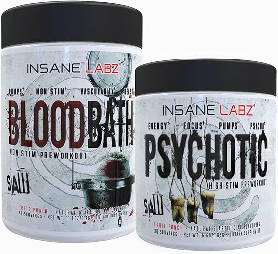 Insane Labz Psychotic Saw and Bloodbath Pre Workout Nitric Oxide Booster Stack, Increase Muscle Mass, Vascularity, Strength, Energy, Focus (Fruit Punch, 30 Servings)